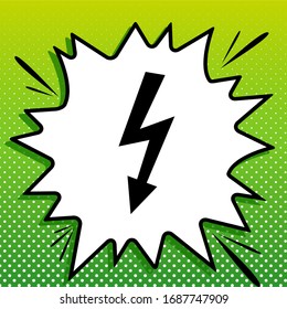High voltage danger sign. Black Icon on white popart Splash at green background with white spots. Illustration.