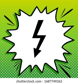 High voltage danger sign. Black Icon on white popart Splash at green background with white spots. Illustration.
