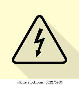 High voltage danger sign. Black icon with flat style shadow path on cream background.