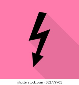 High voltage danger sign. Black icon with flat style shadow path on pink background.