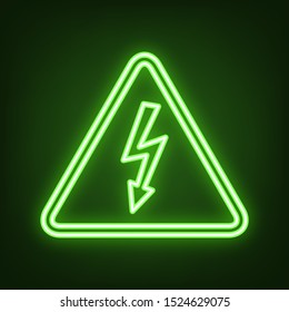 High voltage danger sign. Green neon icon in the dark. Blurred lightening. Illustration.