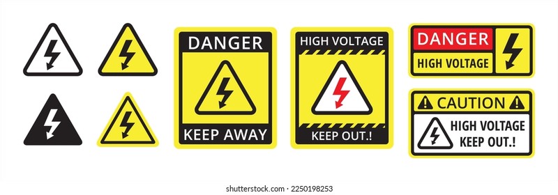 Signo de peligro de alta tensión. Juego de iconos de alto voltaje. El riesgo de choque eléctrico mantiene fuera las señales. Ilustración de material vectorial.