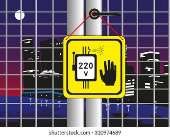 High voltage. Danger sign on the closed door. Colored vector illustration.