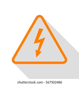 High voltage danger sign. Orange icon with flat style shadow path.