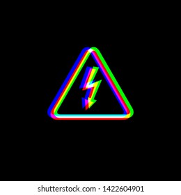 High voltage danger sign. Red, green and blue unfocused contour icon at black background. Illustration.