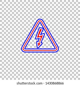High voltage danger sign. Red, white and contour icon at transparent background. Illustration.