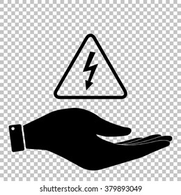 High voltage danger sign. Save or protect symbol by hand