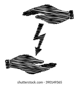 High voltage danger sign. Save or protect symbol by hands with scribble effect.