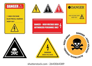 Hochspannungs-Gefahrensymbol-Set mit elektrischen Gefahrensymbolen, Totenkopf- und Blitzsymbolen und "Keep Out"-Warnungen. Ideal für Fabriken, Labore, Kraftwerksräume und den Einsatz in Sicherheitsanweisungen.