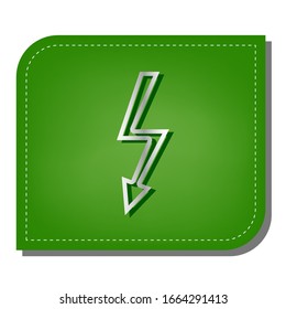 High voltage danger sign. Silver gradient line icon with dark green shadow at ecological patched green leaf. Illustration.