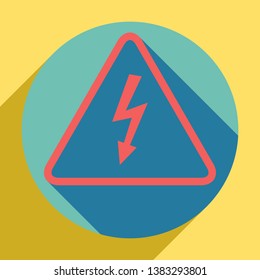 High voltage danger sign. Sunset orange icon with llapis lazuli shadow inside medium aquamarine circle with different goldenrod shadow at royal yellow background.