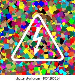 High voltage danger sign. Vector. White icon on colorful background with seamless pattern from squares.
