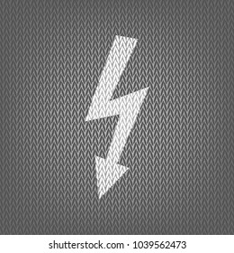 High voltage danger sign. Vector. White knitted icon on gray knitted background. Isolated.