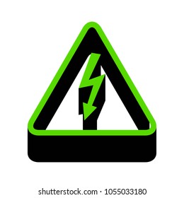 High voltage danger sign. Vector. Green 3d icon with black side on white background. Isolated.
