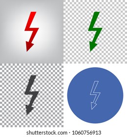 High voltage danger sign. Vector. 4 styles. Red gradient in radial lighted background, green flat and gray scribble icons on transparent and linear one in blue circle.