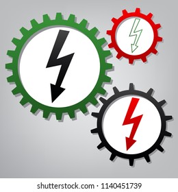 High voltage danger sign. Vector. Three connected gears with icons at grayish background.
