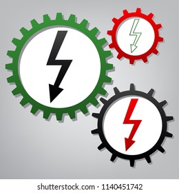 High voltage danger sign. Vector. Three connected gears with icons at grayish background.