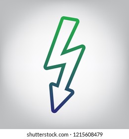 High voltage danger sign. Vector. Green to blue gradient contour icon at grayish background with light in center.