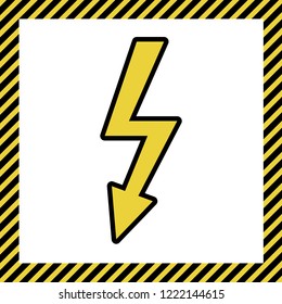 High voltage danger sign. Vector. Warm yellow icon with black contour in frame named as under construction at white background. Isolated.