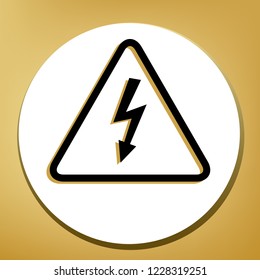 High voltage danger sign. Vector. Black icon with light brown shadow in white circle with shaped ring at golden background.