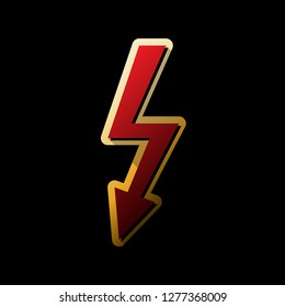 High voltage danger sign. Vector. Red icon with small black and limitless shadows at golden sticker on black background.