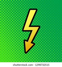 High voltage danger sign. Vector. Pop art orange to yellow dots-gradient icon with black contour at greenish background.