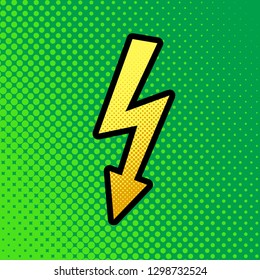 High voltage danger sign. Vector. Pop art orange to yellow dots-gradient icon with black contour at greenish background.