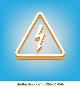 High voltage danger sign. Vector. White icon with 3d warm-colored gradient body at sky blue background.