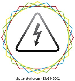 High voltage danger sign. Vector. Black icon with patch of light inside colorful hexagonal frames at white background.