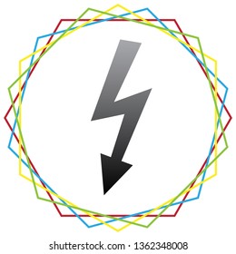 High voltage danger sign. Vector. Black icon with patch of light inside colorful hexagonal frames at white background.