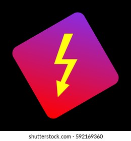 High voltage danger sign. Vector. Yellow icon at violet-red gradient square with rounded corners rotated for dynamics on black background.