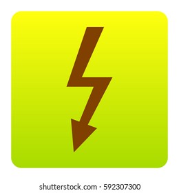 High voltage danger sign. Vector. Brown icon at green-yellow gradient square with rounded corners on white background. Isolated.