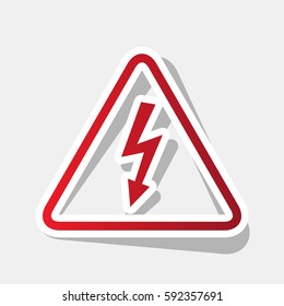 High voltage danger sign. Vector. New year reddish icon with outside stroke and gray shadow on light gray background.