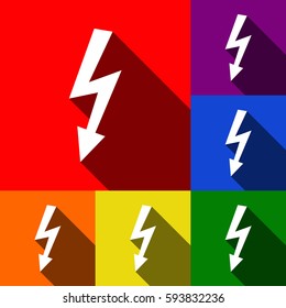 High voltage danger sign. Vector. Set of icons with flat shadows at red, orange, yellow, green, blue and violet background.