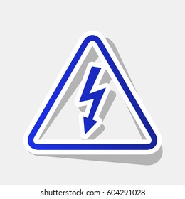 High voltage danger sign. Vector. New year bluish icon with outside stroke and gray shadow on light gray background.