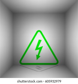 High voltage danger sign. Vector. Green icon with shadow in the room.