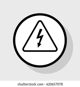 High voltage danger sign. Vector. Flat black icon in white circle with shadow at gray background.