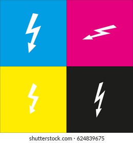 High voltage danger sign. Vector. White icon with isometric projections on cyan, magenta, yellow and black backgrounds.