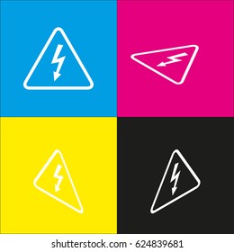 High voltage danger sign. Vector. White icon with isometric projections on cyan, magenta, yellow and black backgrounds.
