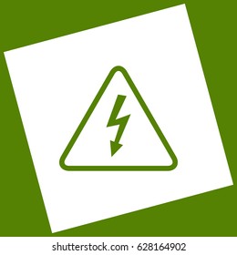 High voltage danger sign. Vector. White icon obtained as a result of subtraction rotated square and path. Avocado background.