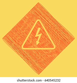 High voltage danger sign. Vector. Red scribble icon obtained as a result of subtraction rhomb and path. Royal yellow background.