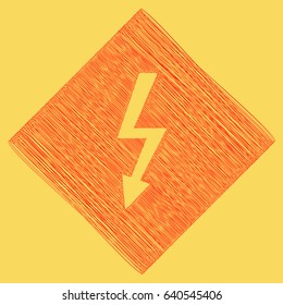 High voltage danger sign. Vector. Red scribble icon obtained as a result of subtraction rhomb and path. Royal yellow background.