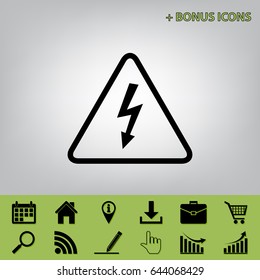 High voltage danger sign. Vector. Black icon at gray background with bonus icons at celery ones