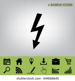 High voltage danger sign. Vector. Black icon at gray background with bonus icons at celery ones