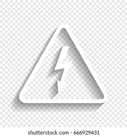 High voltage danger sign. Vector. White icon with soft shadow on transparent background.