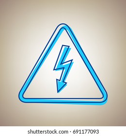 High voltage danger sign. Vector. Sky blue icon with defected blue contour on beige background.