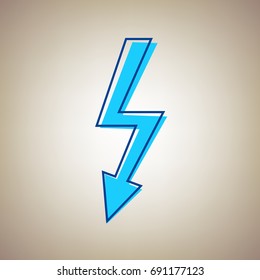 High voltage danger sign. Vector. Sky blue icon with defected blue contour on beige background.
