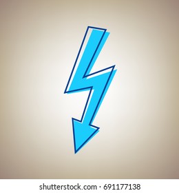 High voltage danger sign. Vector. Sky blue icon with defected blue contour on beige background.