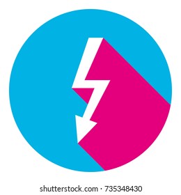 High voltage danger sign. Vector. Flat white icon with mexican pink shadow inside sky blue(S and G) circle at white background. Isolated. Trend colors in 2017.