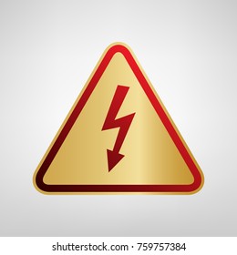 High voltage danger sign. Vector. Red icon on gold sticker at light gray background.